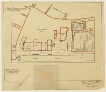 214323 Plattegrond van het Vredenburg en aangrenzende straten te Utrecht; met weergave van de bestaande bebouwing, ...